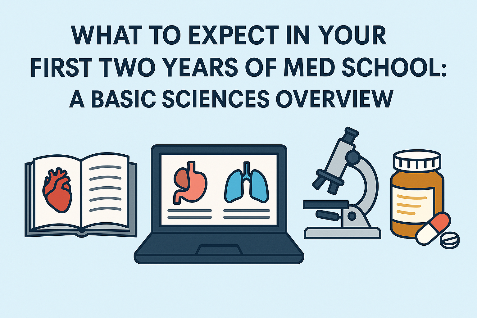 Cover graphic with the title ‘What to Expect in Your First Two Years of Med School: A Basic Sciences Overview’ and four icons — an open medical textbook, a laptop with organ diagrams, a microscope, and a medicine bottle with pills